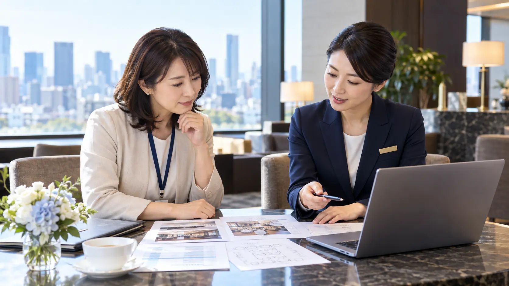 東京のお別れの会について会場資料を見ながら相談する法人担当者