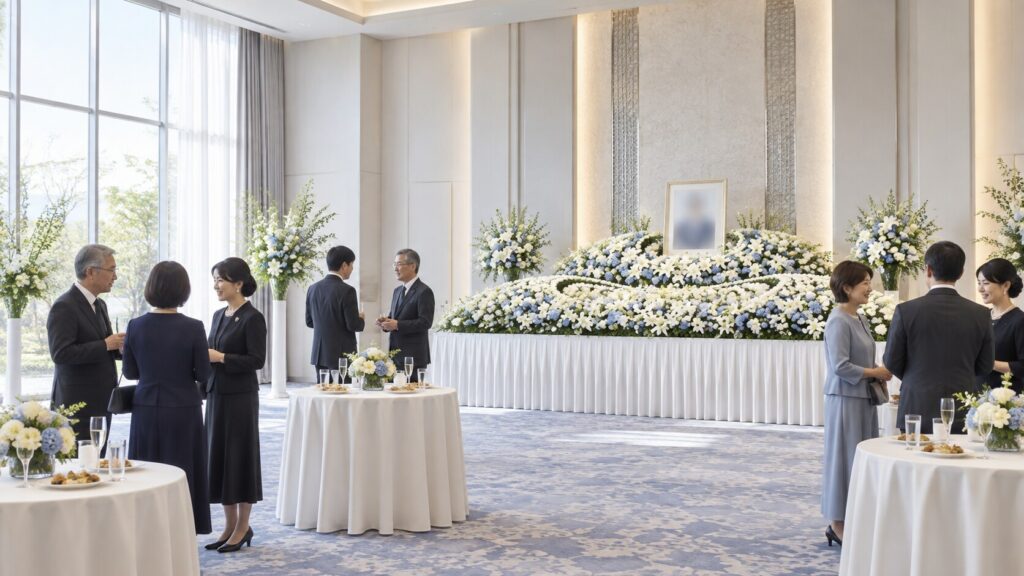 白と淡いブルーの花祭壇と、ホテル会場で穏やかに語り合う人々