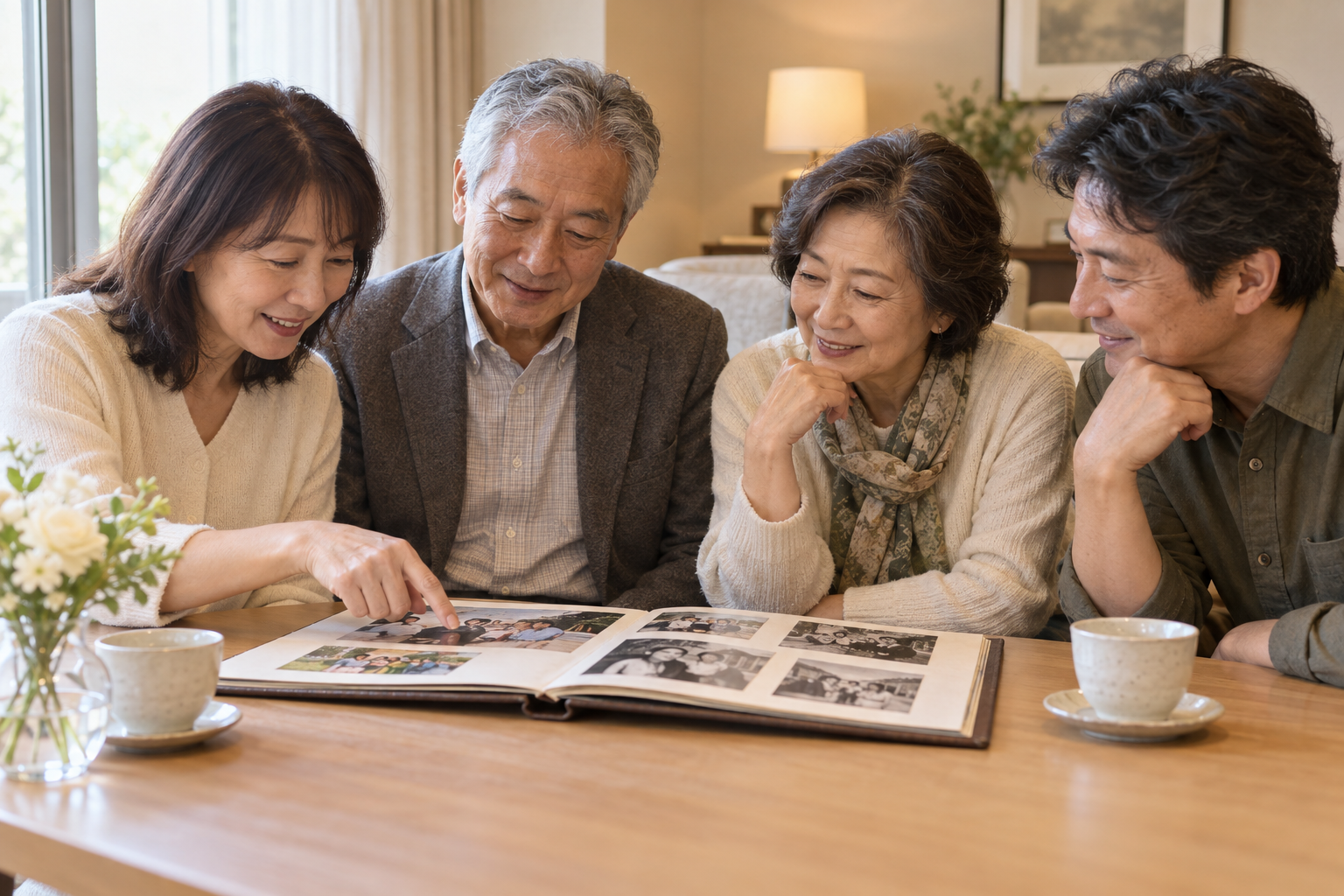 アルバムを囲み、大切な人の思い出を語る家族や友人