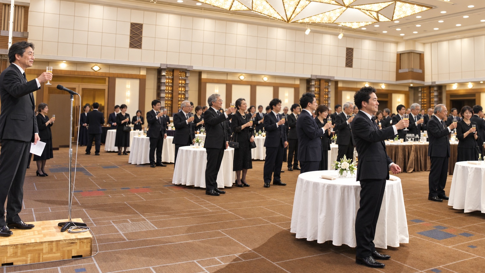 明るい会場で、それぞれの思いを込めて故人へ献杯する人々の生成イメージ