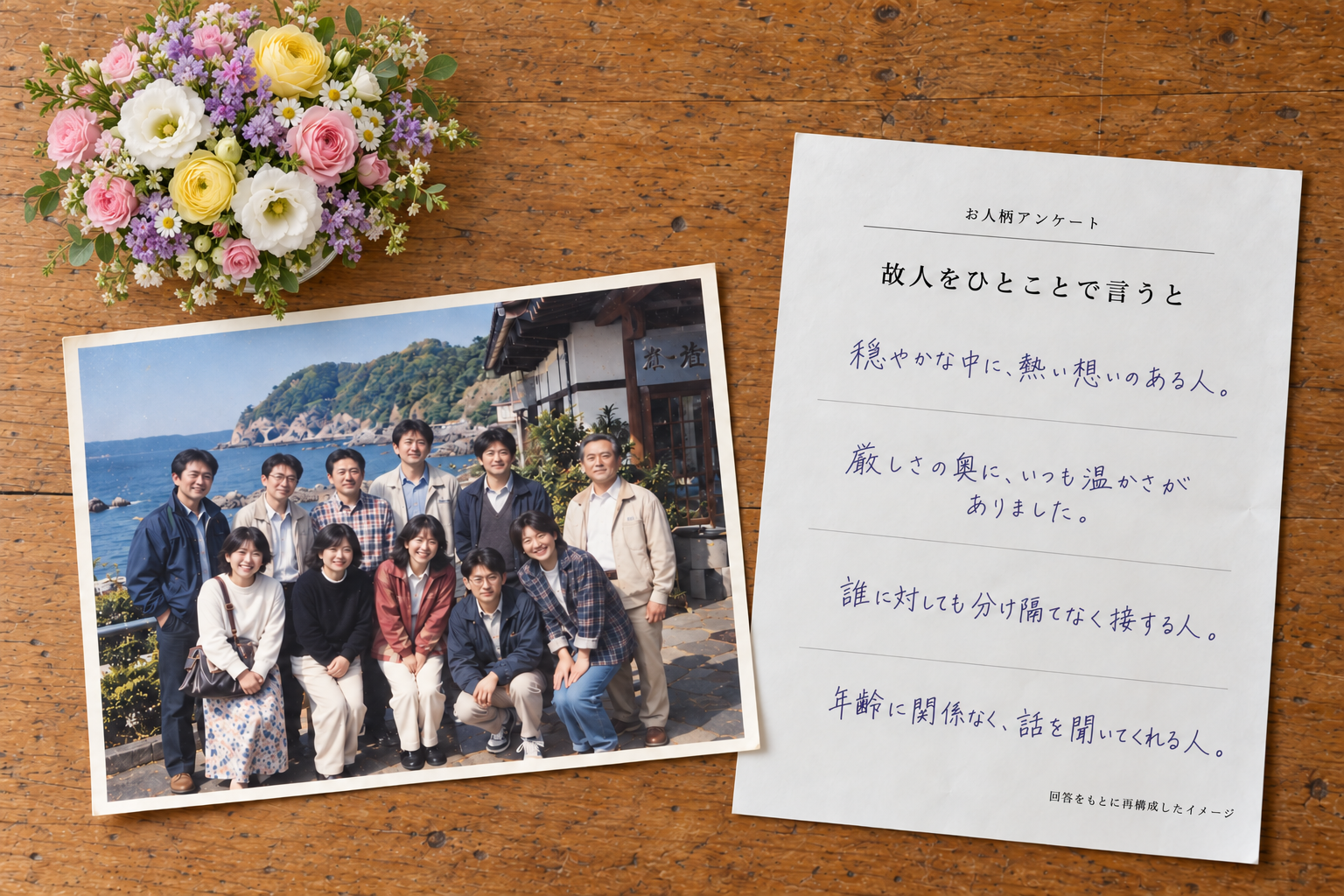 ピンク・白・紫・黄色の卓上花、社員旅行の記念写真、人柄について寄せられた言葉を真上から見たイメージ。人物は架空、回答は匿名で再構成。